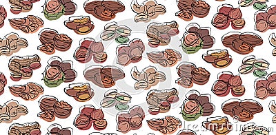 Seamless pattern with contour drawings of various types of nuts with colored spots on white background. Vector Illustration
